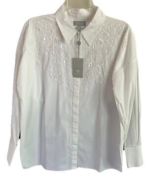 Pure Collection Womens US 12 White Embellished Sequin Cotton Button Shirt NWT